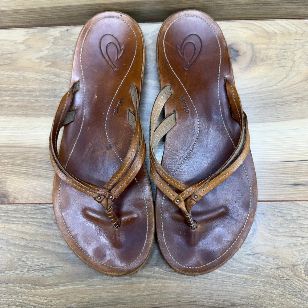 Olukai Kapehe Luana Flip Flops Womens 11 Cognac Leather Thong Sandals - Picture 4 of 10